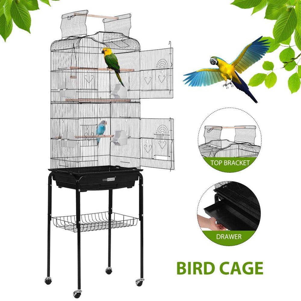 VIVOHOME 59.8 Inch Wrought Iron Bird Cage with Play Top and Rolling Stand for Parrots Conures Lovebird Cockatiel Parakeets Animals & Pet Supplies > Pet Supplies > Bird Supplies > Bird Cages & Stands VIVOHOME   