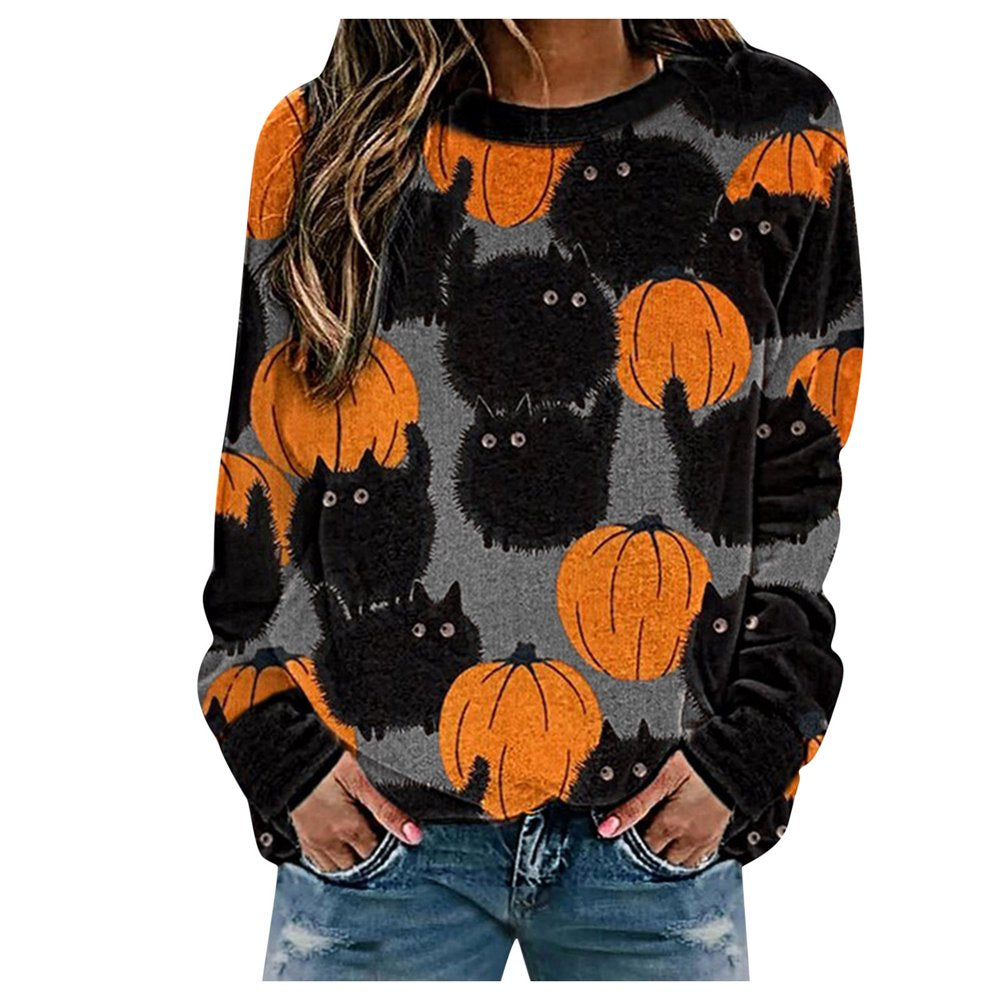 Follure Women Halloween Tops T-Shirt Black Cats Pumpkin Print Long Sleeve Crenwck Pullover Sweatshirt Animals & Pet Supplies > Pet Supplies > Cat Supplies > Cat Apparel Follure Halloween Pullover #Blue B M 