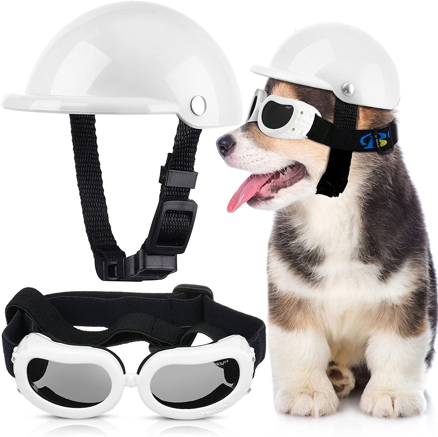 Small Dog Helmet Goggles UV Protection Doggy Sunglasses Pet Dog Glasses Motorcycle Hard Safety Hat with Adjustable Belt Windproof Snowproof Eye Head Protection for Puppy Riding, S Size,S Size (White) Animals & Pet Supplies > Pet Supplies > Dog Supplies > Dog Apparel Frienda White  