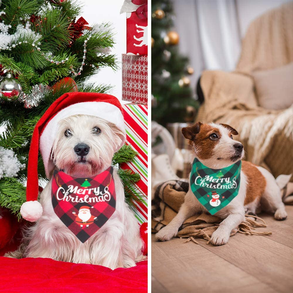 ADOGGYGO 2 Pack Dog Bandana Christmas Classic Plaid Pet Scarf Triangle Bibs Kerchief Merry Christmas Santa Snowman Print Pet Bandana for Medium Large Dogs Pets (Large, Red&Green) Animals & Pet Supplies > Pet Supplies > Dog Supplies > Dog Apparel ADOGGYGO   