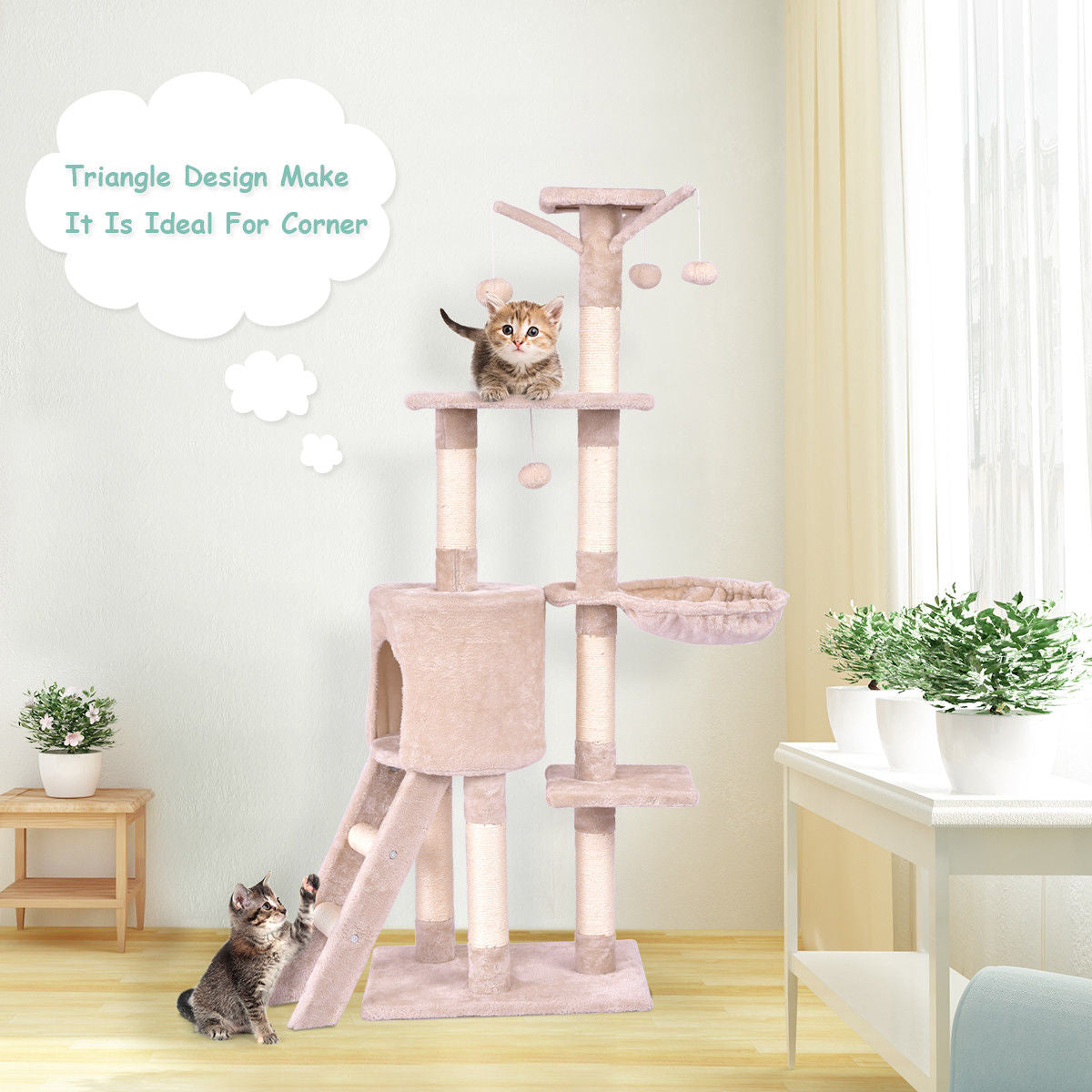 Gymax 56'' Cat Tree Kitten Pet Play House Furniture Condo Scratching Posts Ladder Beige Animals & Pet Supplies > Pet Supplies > Cat Supplies > Cat Furniture Gymax   