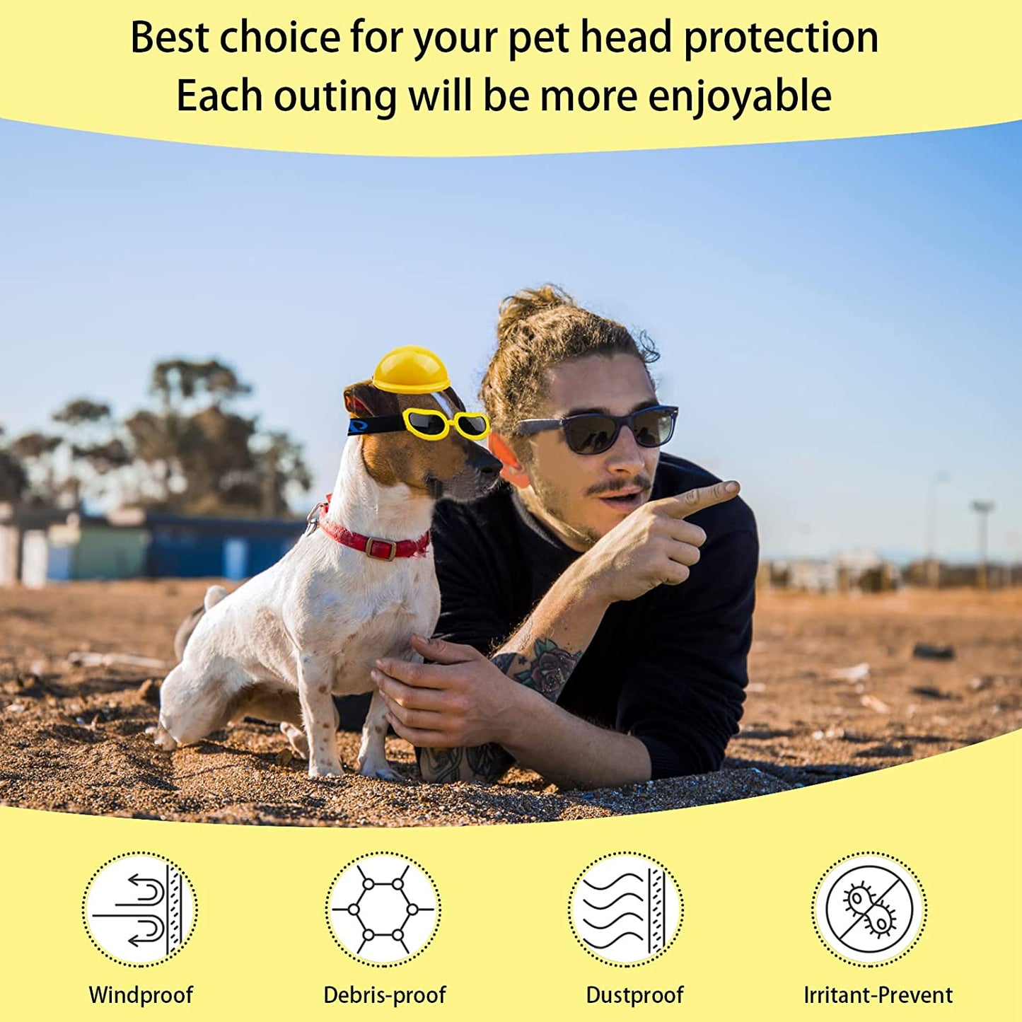 HACRAHO Dog Helmet and Goggles Set, 2 PCS Yellow 4 Inch Pet Dog Motorcycle Helmet and Sunglasses Dog Safety Cap with Adjustable Strap and Pet Goggles with Elastic Strap for Small Medium Dogs Animals & Pet Supplies > Pet Supplies > Dog Supplies > Dog Apparel HACRAHO   