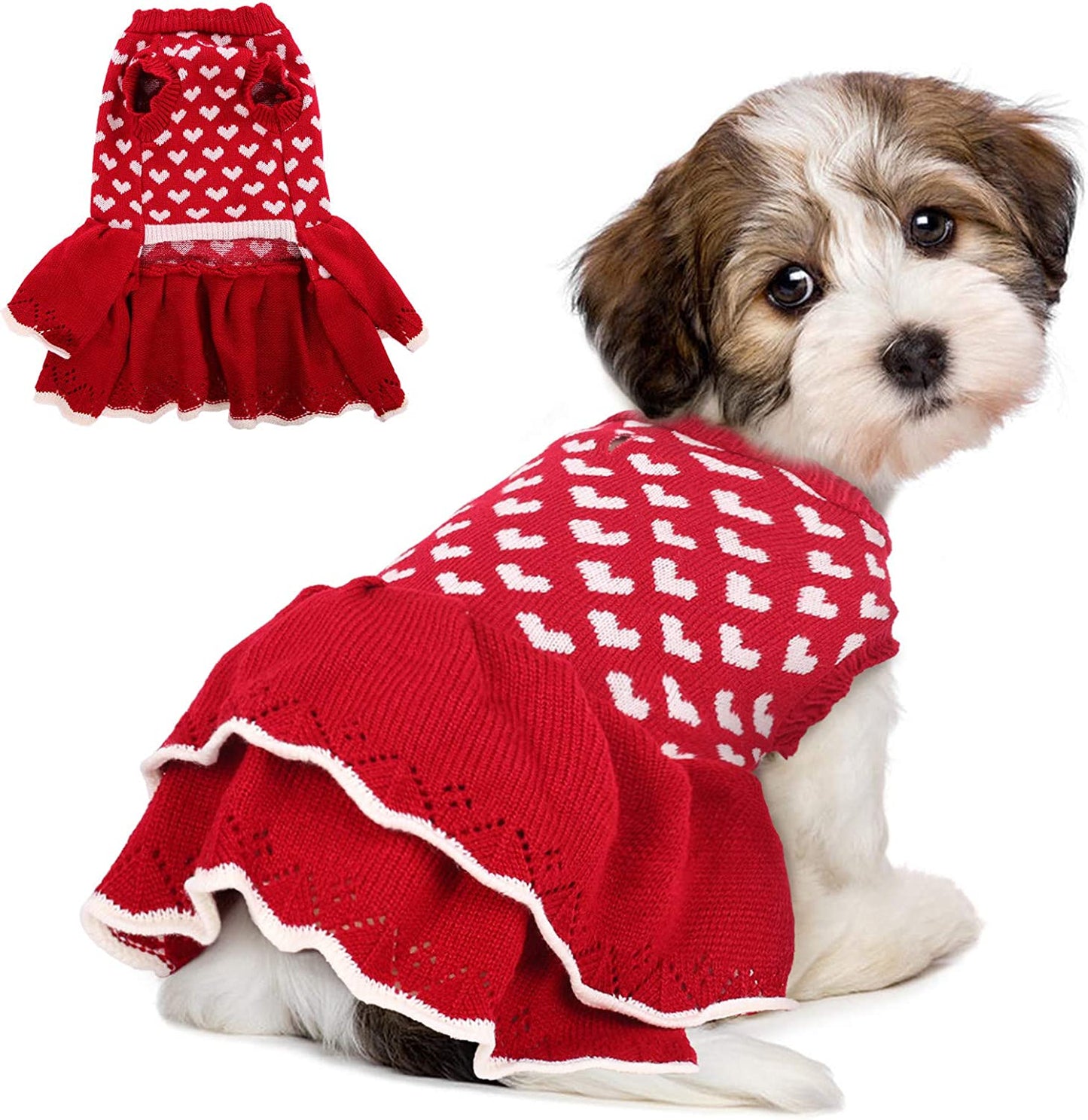 ROZKITCH Dog Sweater Dress Turtleneck Vest for Female Girls, Winter Warm Dog Pullover Knitwear Pet Sweater, Red Dog Princess Knitwear Sweater Dress Clothes for Fall Winter Christmas Holiday with Bow Animals & Pet Supplies > Pet Supplies > Dog Supplies > Dog Apparel ROZKITCH Love Heart Medium 