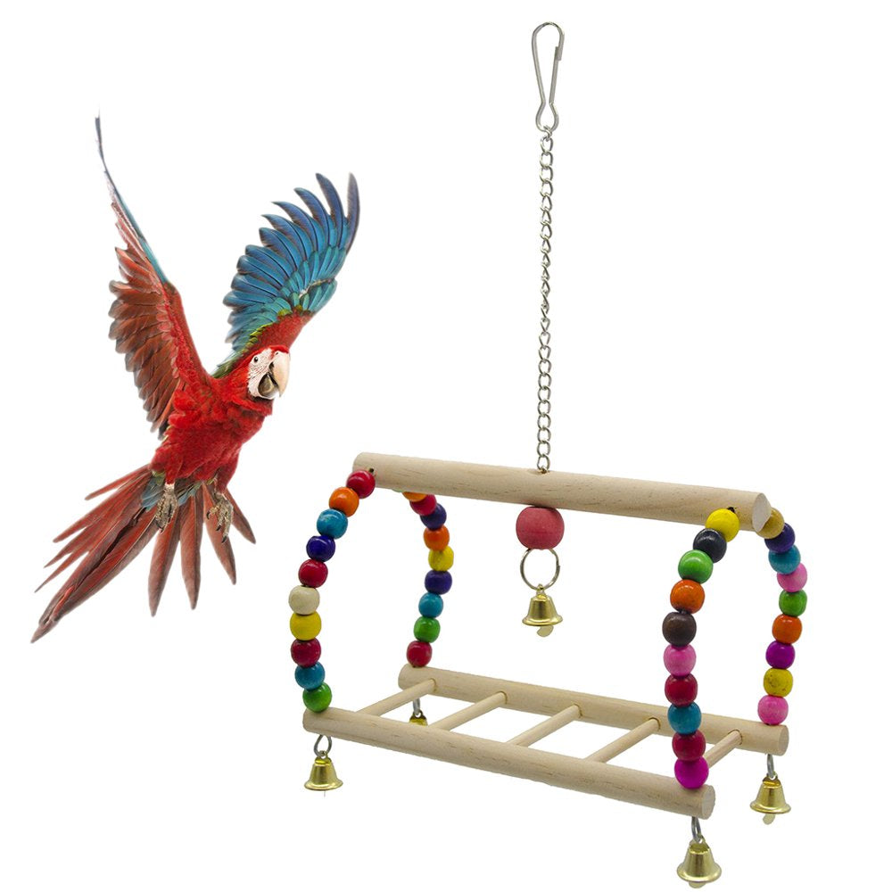 HOTYA Bird Parrot Toy Hanging Bird Swing Perch Wooden Parrot Climbing Ladder Bird Cage Chew Bell Toy with Colorful Beads Animals & Pet Supplies > Pet Supplies > Bird Supplies > Bird Ladders & Perches HOTYA   