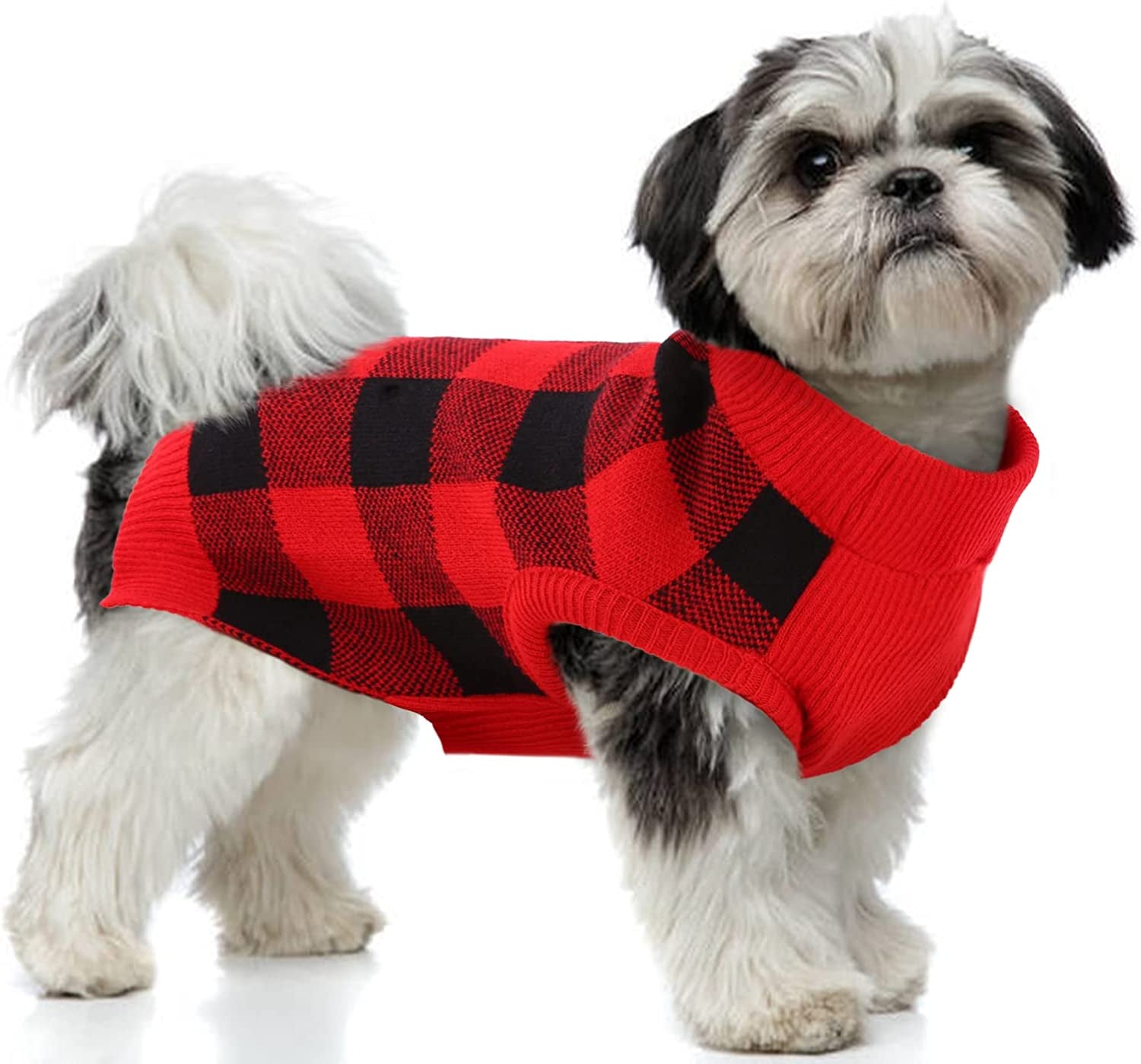 Classic Plaid Dog Sweater with Leash Hole, Warm Stretchy Knitwear for Small Medium Dog, Soft Jacquard Knit Pullover with Elastic High Collar for Spring Fall Winter Christmas Cold Weather Daily Wear Animals & Pet Supplies > Pet Supplies > Dog Supplies > Dog Apparel PUMYPOREITY Red/Black Large 