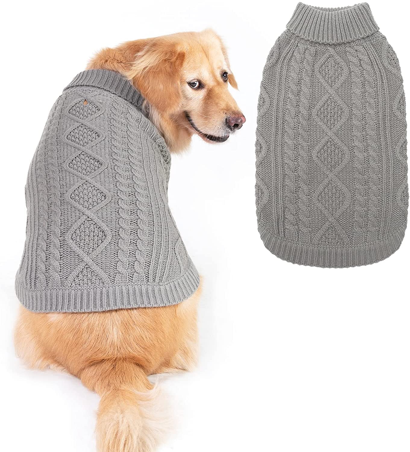 BINGPET Dog Knitted Sweaters - Turtleneck - Classic Cable Knit Dog Jumper Coat Warm Sweartershirts Outfits for Dogs Cats in Autumn Winter Animals & Pet Supplies > Pet Supplies > Dog Supplies > Dog Apparel BINGPET Grey Small/Medium 