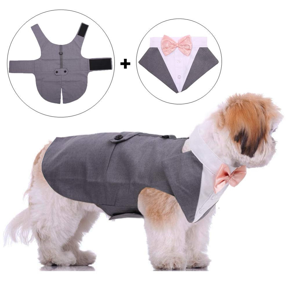 QBLEEV Dog Formal Tuxedo Suit for Medium Large Dogs，For Costume Wedding Party Outfit with Detachable Collar，Elegant Dog Apparel Bowtie Shirt and Bandana Set for Dress-Up Cosplay Holiday Wear Animals & Pet Supplies > Pet Supplies > Dog Supplies > Dog Apparel QBLEEV   