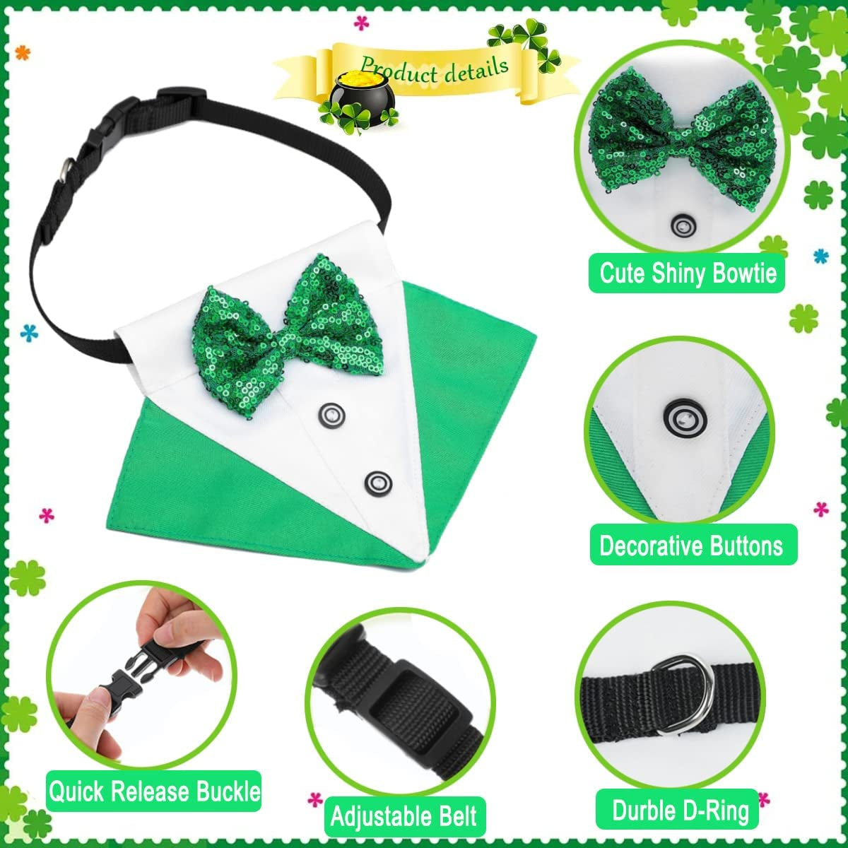 2 Pack St. Patrick'S Day Costume Dog Bandana Collar and Pet Top Hat Green Dog Bow Tie Formal Tux Clothes with D-Ring Irish Tuxedo St Patrick Costume for Dogs Puppy Cat Party Dress-Up Animals & Pet Supplies > Pet Supplies > Dog Supplies > Dog Apparel CAISANG   