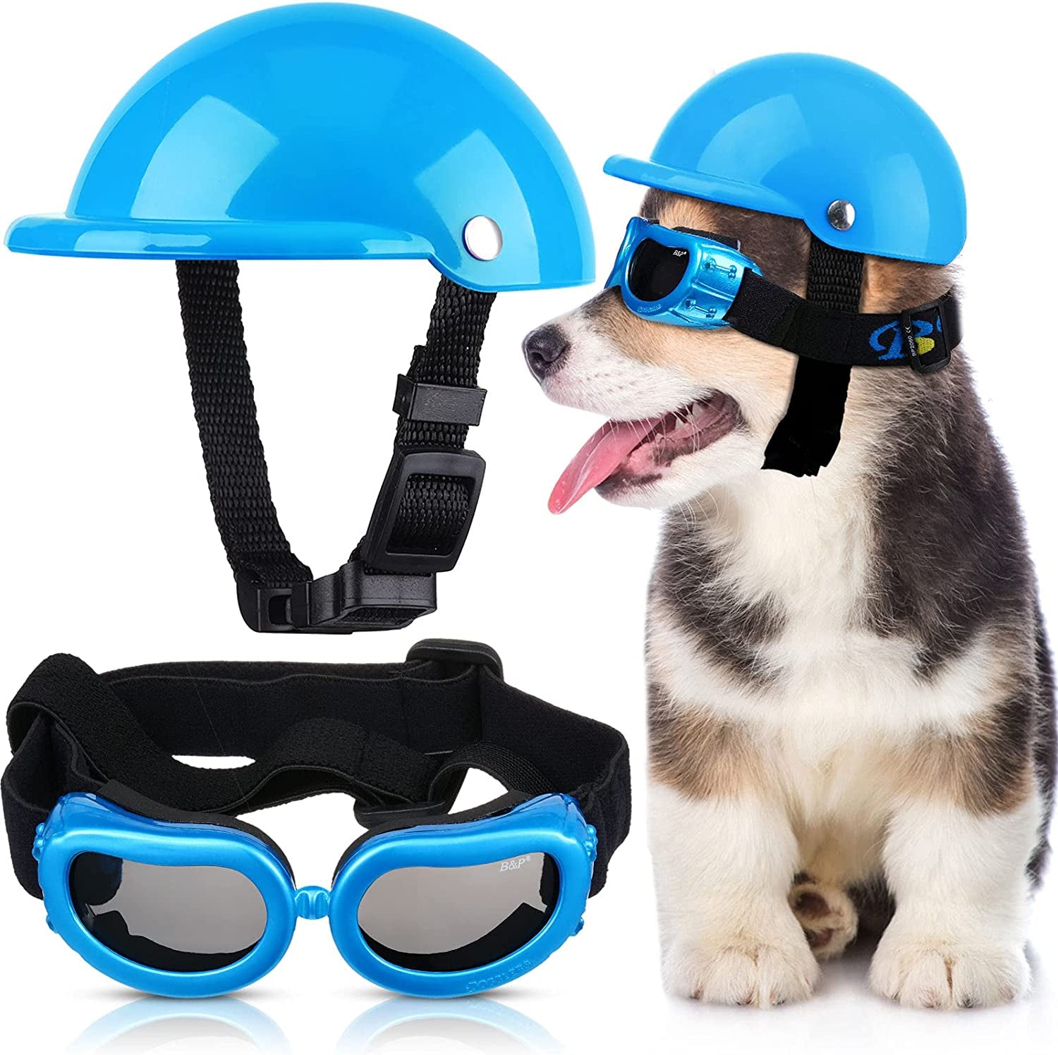 Small Dog Helmet Goggles UV Protection Doggy Sunglasses Pet Dog Glasses Motorcycle Hard Safety Hat with Adjustable Belt Windproof Snowproof Eye Head Protection for Puppy Riding, S Size,S Size (White) Animals & Pet Supplies > Pet Supplies > Dog Supplies > Dog Apparel Frienda Blue  