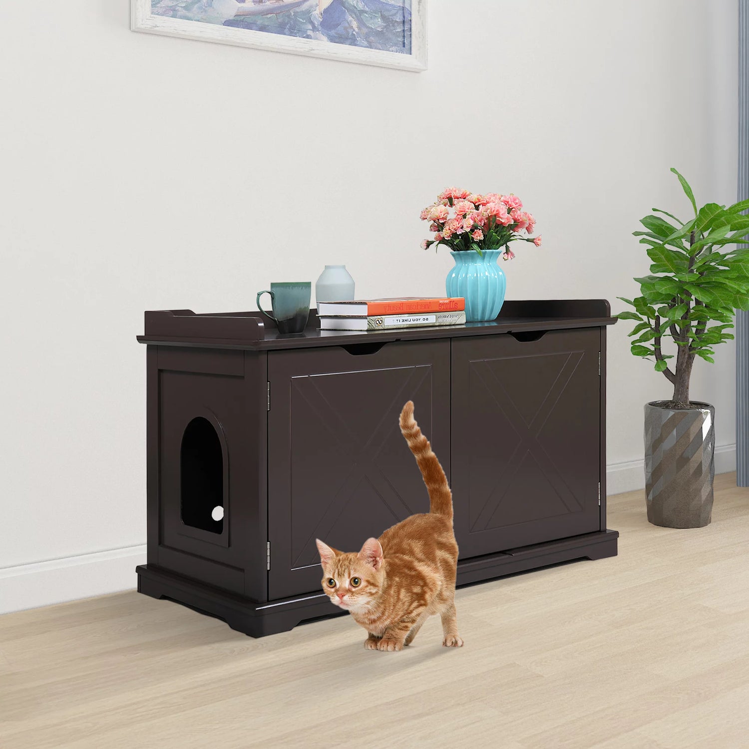 SESSLIFE Cat Litter Box Enclosure, Wood Hidden Cat Litter Box Furniture with Double Doors, Spacious Storage, Dark Brown Cat House Washroom Storage Bench, TE2161 Animals & Pet Supplies > Pet Supplies > Cat Supplies > Cat Furniture SESSLIFE Chocolate Color  