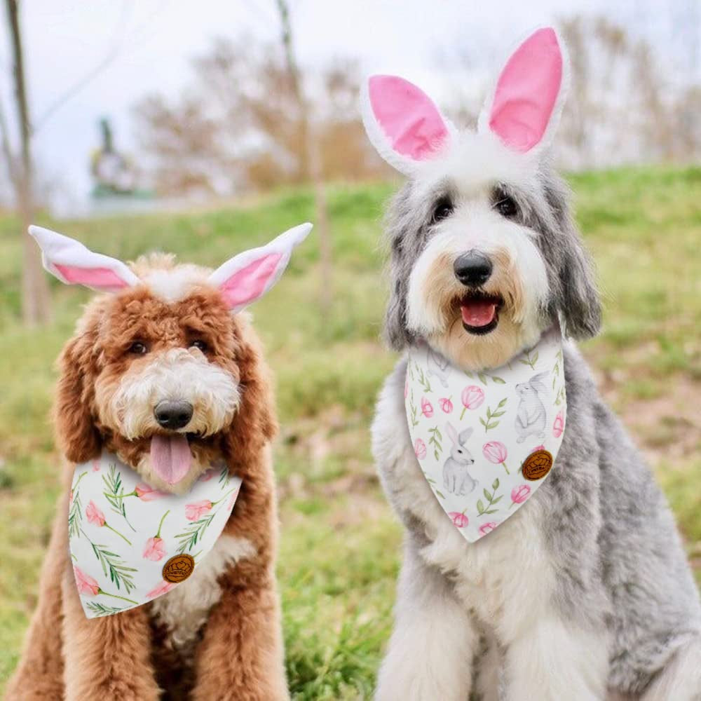 Crowned Beauty Easter Dog Bandanas Large 2 Pack, Bunnies Tulips Set, Plaid Adjustable Triangle Holiday Reversible Scarves for Medium Large Extra Large Dogs Pets Animals & Pet Supplies > Pet Supplies > Dog Supplies > Dog Apparel Crowned Beauty   