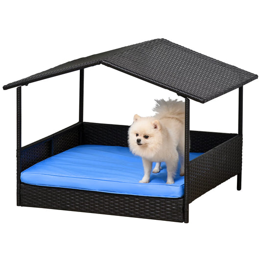 Pawhut Wicker Dog House Raised Rattan Bed for Indoor/Outdoor with Cushion Lounge, Blue Animals & Pet Supplies > Pet Supplies > Dog Supplies > Dog Houses Pawhut Blue  