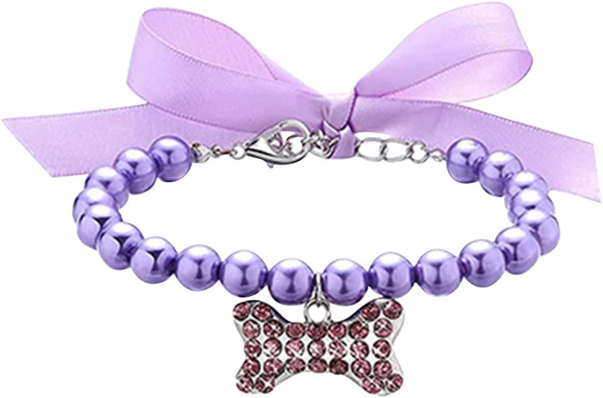 Pet Pearl Collar for Small Pet Cat Dogs Collar Dog Bone Adjustable Pendant Jewelry Cat Breakaway Collar Bow Tie (Purple, L) Animals & Pet Supplies > Pet Supplies > Dog Supplies > Dog Apparel SANG Purple S 