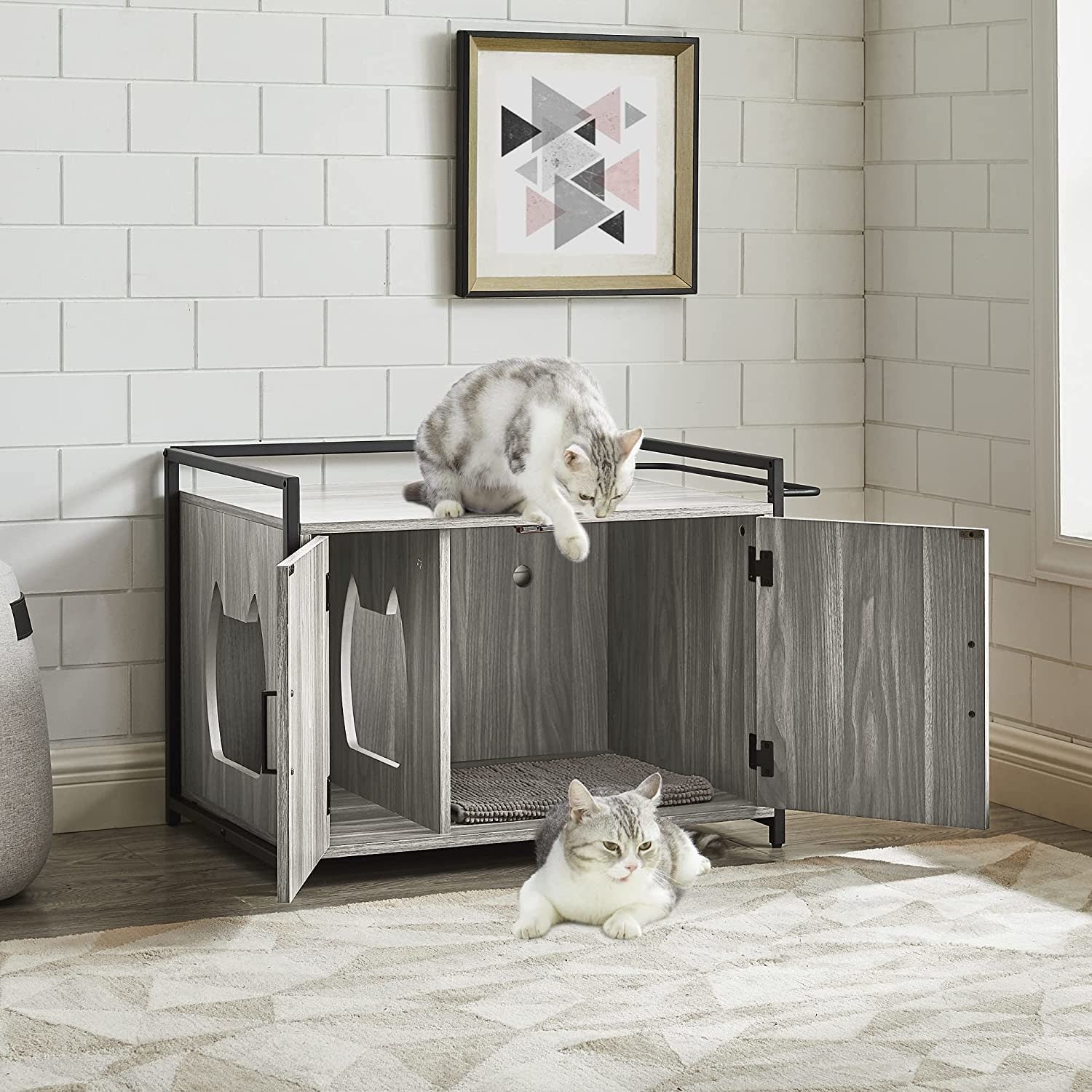 Mgaxyff Hidden Cat Litter Box Furniture with Ventilation and Bench Seat, Pet Crate with Iron and Wood Sturdy Structure