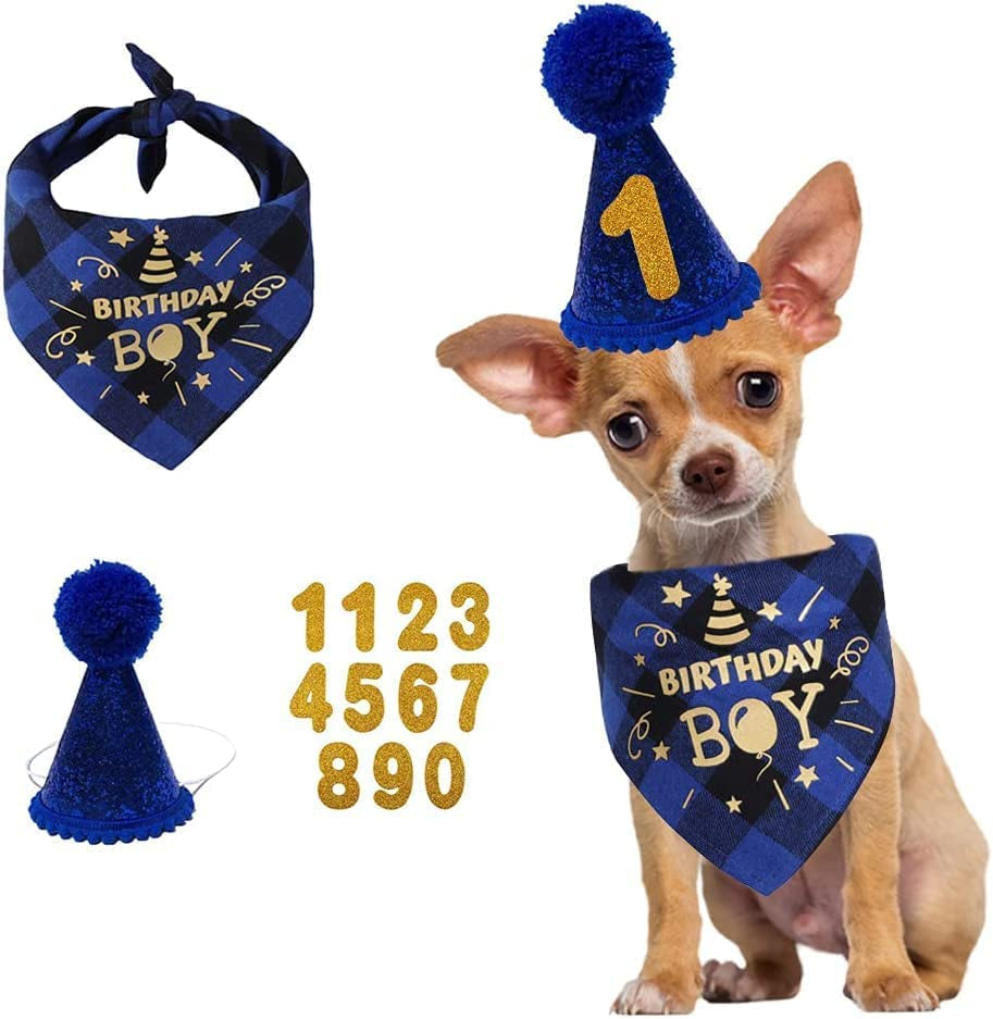 Dog Birthday Party Set, Dog Birthday Bandana Triangle Scarf with Cute Dog Birthday Number Hat Dog Birthday Banner for Dog Birthday Party Supplies (Blue-Hat&Bscarf&Number) Animals & Pet Supplies > Pet Supplies > Dog Supplies > Dog Apparel IVYRISE   