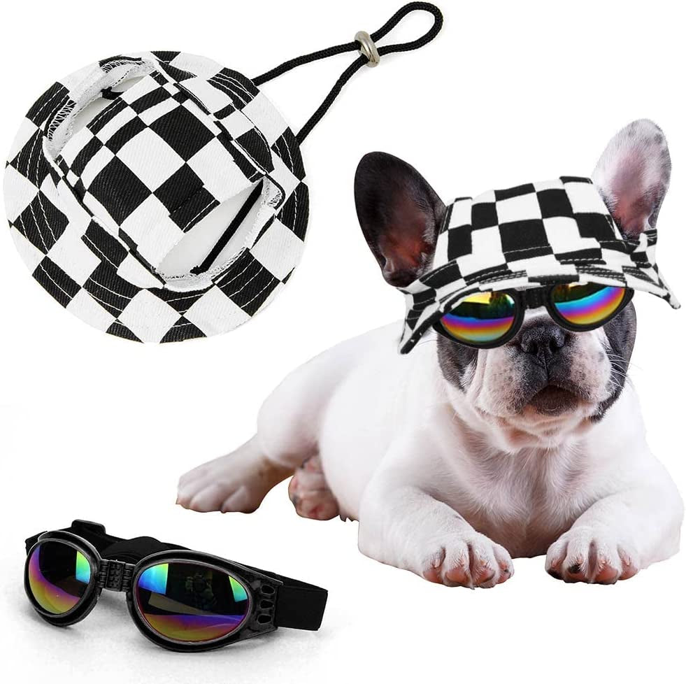 Dog Hat for Small Breed Pets, Dog Bucket Hat with Sunglasses Dog Sun Hat with Ear Holes Summer Puppy Cooling Visor Caps for Cats Small Animals (Diameter:16Cm) Animals & Pet Supplies > Pet Supplies > Dog Supplies > Dog Apparel SKEFOLI   