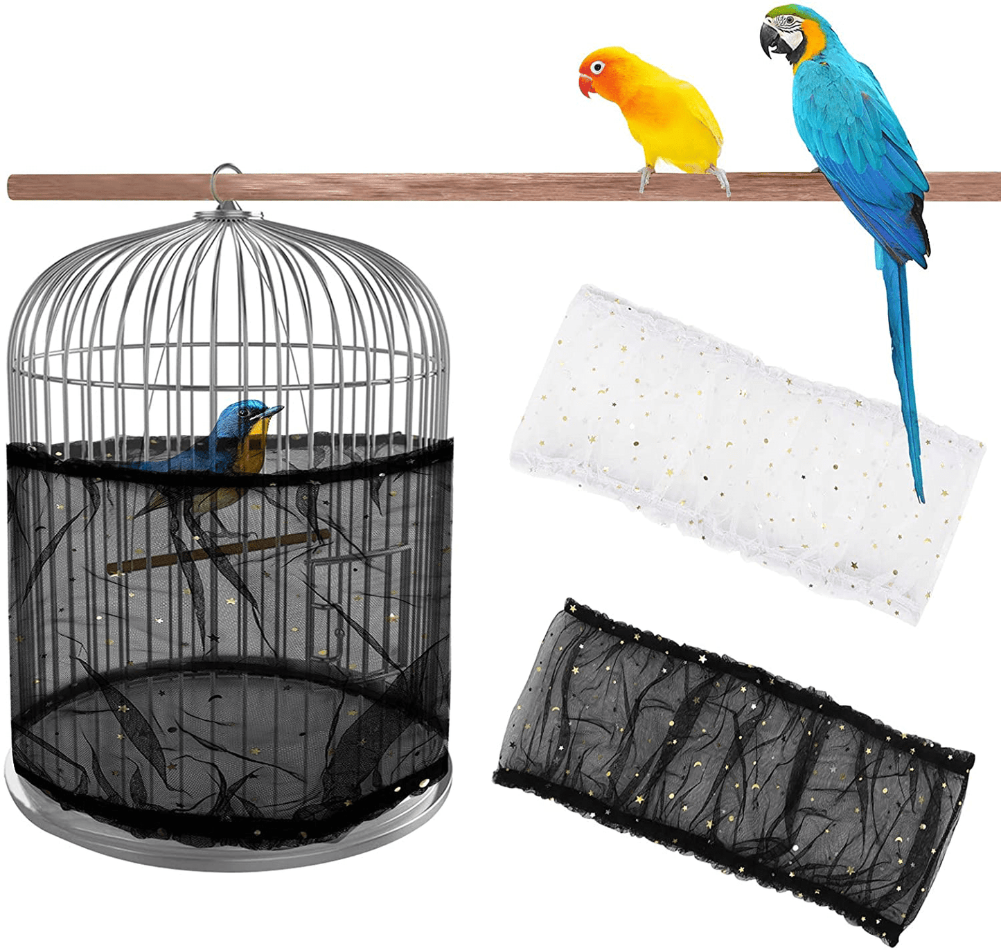 2Pcs Bird Cage Cover, Daoeny Bird Cage Seed Catcher, Soft Nylon Mesh Net with Twinkle Moon Star Sequins, Birdcage Cover Skirt Seed Guard for Parrot Parakeet Macaw round Square Cages