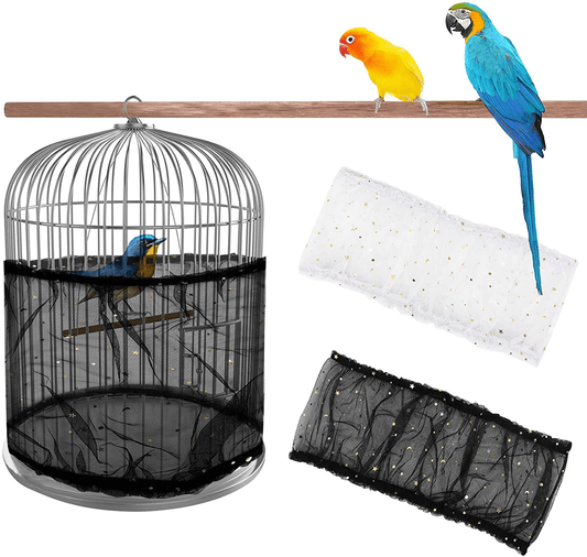 2Pcs Bird Cage Cover, Daoeny Bird Cage Seed Catcher, Soft Nylon Mesh Net with Twinkle Moon Star Sequins, Birdcage Cover Skirt Seed Guard for Parrot Parakeet Macaw round Square Cages Animals & Pet Supplies > Pet Supplies > Bird Supplies > Bird Cage Accessories Daoeny Black + White Small 