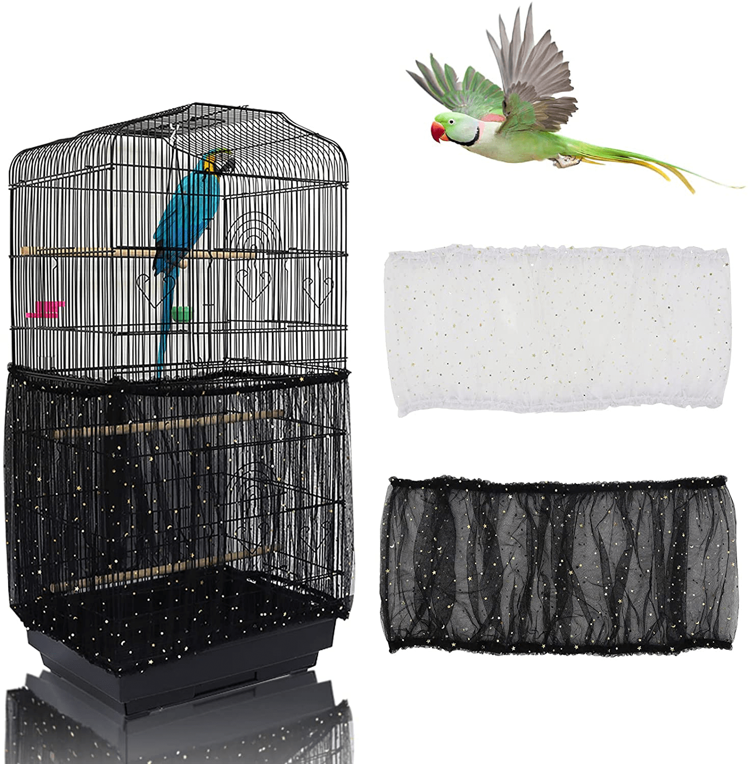 2Pcs Bird Cage Cover, Daoeny Bird Cage Seed Catcher, Soft Nylon Mesh Net with Twinkle Moon Star Sequins, Birdcage Cover Skirt Seed Guard for Parrot Parakeet Macaw round Square Cages