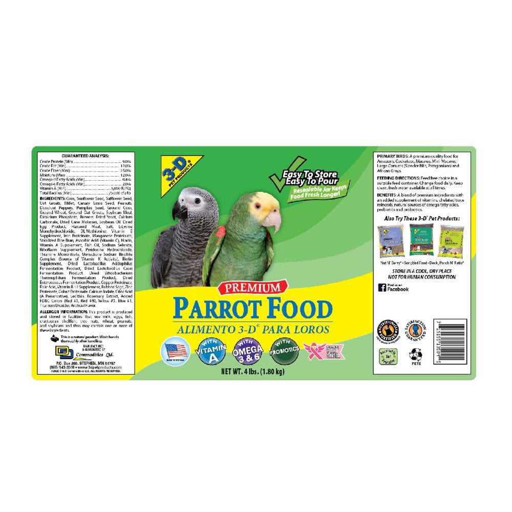 3-D Pet Products Premium Parrot Bird Food, Seeds, 4 Lb. Jar Animals & Pet Supplies > Pet Supplies > Bird Supplies > Bird Food D & D Commodities   