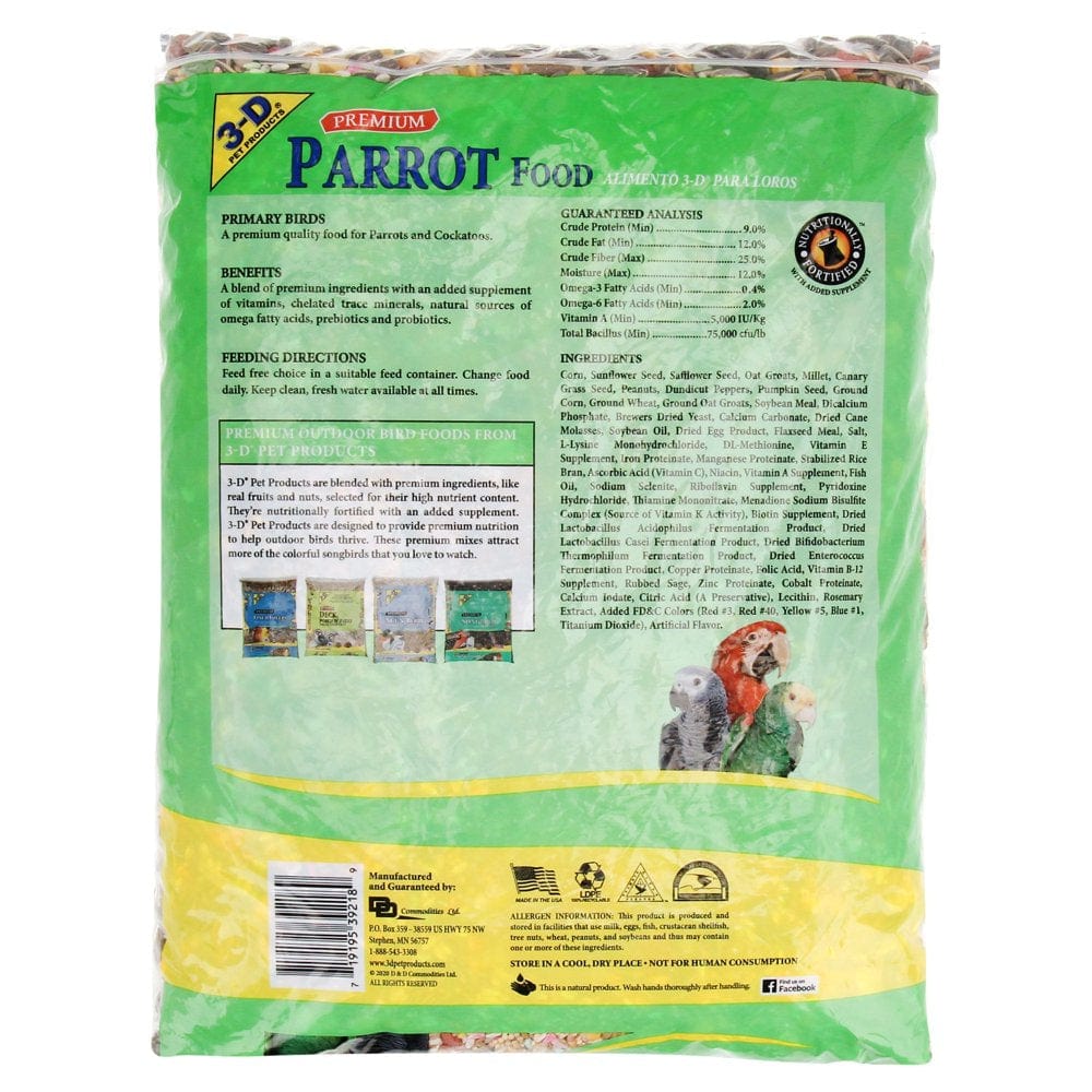 3-D Pet Products Premium Parrot Bird Food, Seeds; 8 Lb. Bag Animals & Pet Supplies > Pet Supplies > Bird Supplies > Bird Food D & D Commodities   