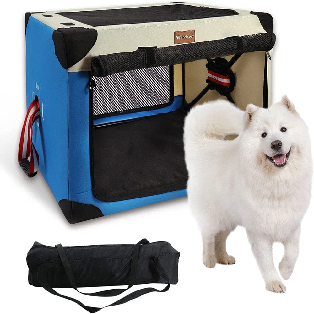 3 Door Quick Collapsible Folding Dog Crate,Soft Travel Pet Kennel with Soft Mat and Carrying Bag ,Suitable for Indoor and Outdoor,Large( Beige Blue )