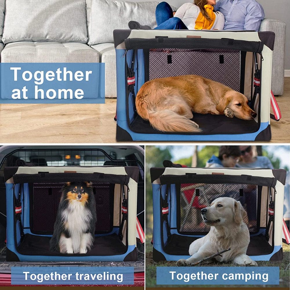 3 Door Quick Collapsible Folding Dog Crate,Soft Travel Pet Kennel with Soft Mat and Carrying Bag ,Suitable for Indoor and Outdoor,Large( Beige Blue ) Animals & Pet Supplies > Pet Supplies > Dog Supplies > Dog Kennels & Runs Great Shopping Day   
