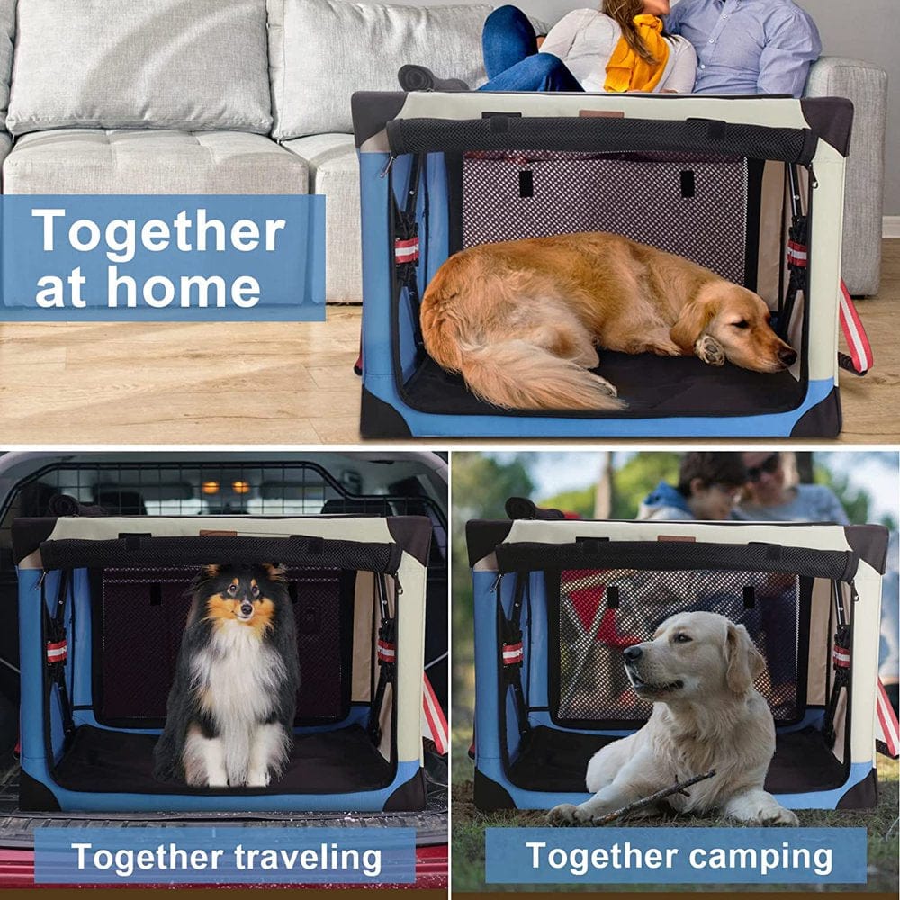 3 Door Quick Collapsible Folding Dog Crate,Soft Travel Pet Kennel with Soft Mat and Carrying Bag ,Suitable for Indoor and Outdoor,Large( Beige Blue )