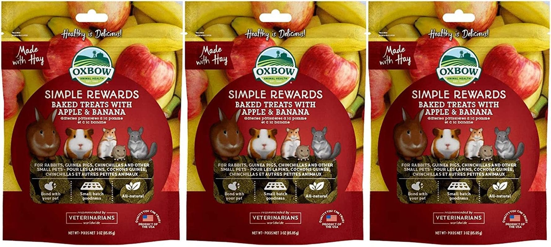 3 Pack of Apple and Banana Simple Rewards Small Pet Treats, 3 Ounces Each, with Hay, Delicious, Fiber-Rich Treat Animals & Pet Supplies > Pet Supplies > Small Animal Supplies > Small Animal Treats MilcTabe   