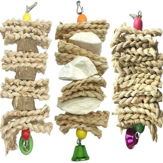 3 Pack Parrot Toys Chewing Bird Toy Cuttle Bone Beak Grinding Cage Hanging Bell Toys for African Greys Conure Eclectus Budgies Parakeet Cockatiel Animals & Pet Supplies > Pet Supplies > Bird Supplies > Bird Toys COSARRETY   