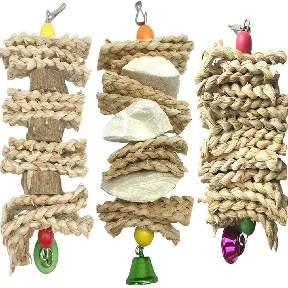 3 Pack Parrot Toys Chewing Bird Toy Cuttle Bone Beak Grinding Cage Hanging Bell Toys for African Greys Conure Eclectus Budgies Parakeet Cockatiel