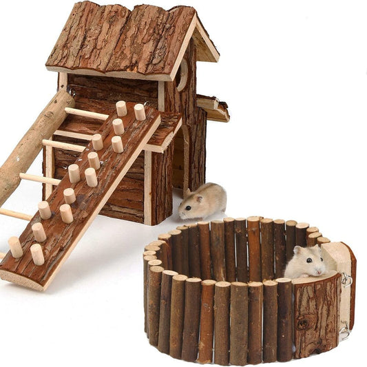 3 Pack Wooden . House Toys Set,Guinea Pig Ladder Hideout Natural Wooden Bridge Toys Set for Rabbit Rat Bunny Chinchillas,.S Cage Accessories Habitat Decor for Small Animal