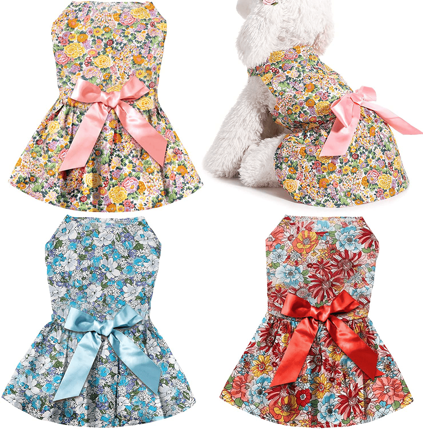 3 Pieces Cute Ribbon Dog Dress for Small Medium Dogs Flowers Pattern Bows Puppy Shirts Dog Clothes Pet Apparel or Dogs Cats in Wedding Holiday Christmas New Year Summer (Multiple Flowers,Medium) Animals & Pet Supplies > Pet Supplies > Cat Supplies > Cat Apparel Geyoga Multiple Flowers Medium 