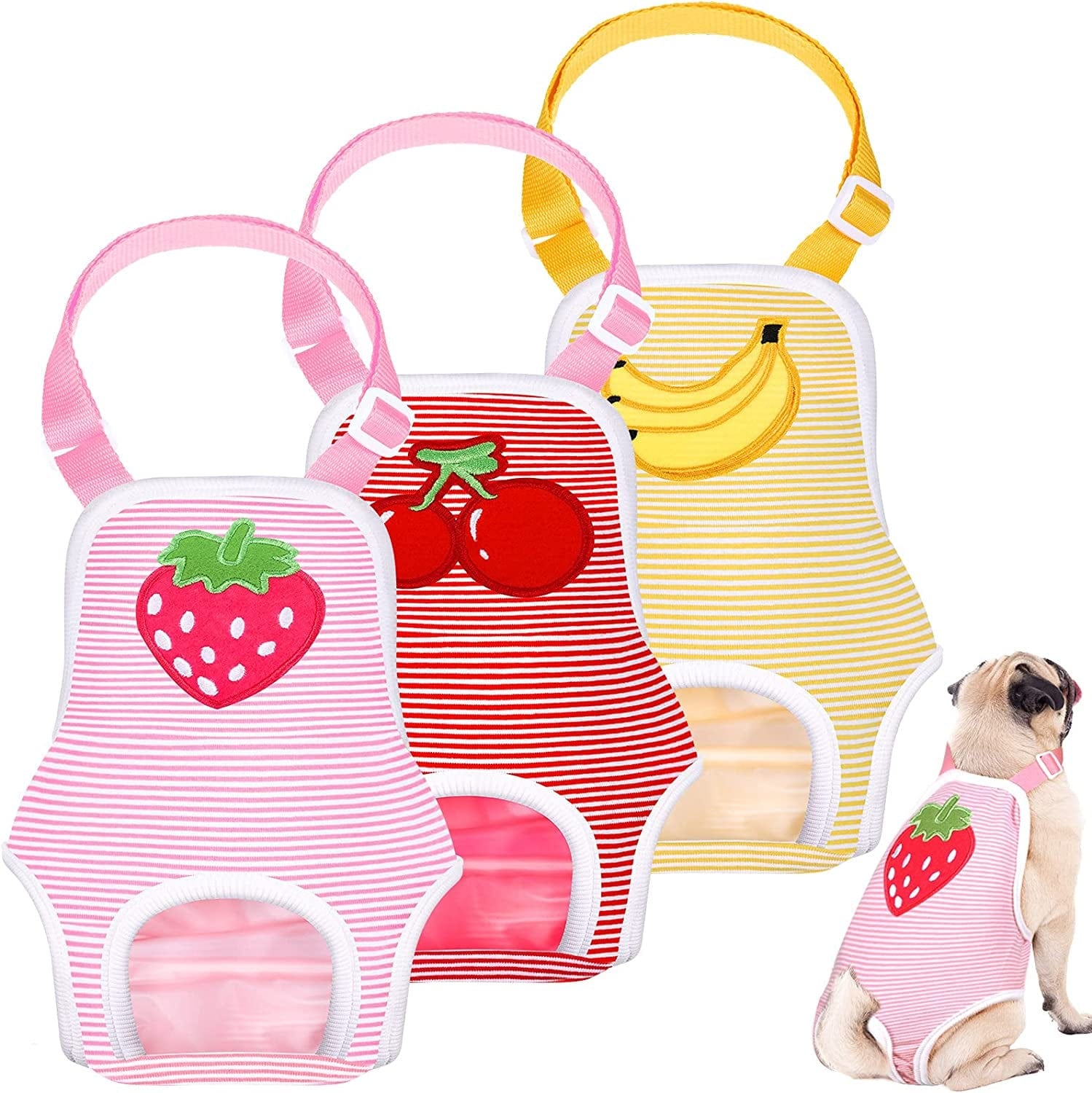 3 Pieces Dog Diaper Striped Sanitary Pantie with Adjustable Suspender Washable Reusable Puppy Sanitary Panties Cute Pet Underwear Diaper Jumpsuits for Female Dogs (Rainbow Pattern,L) Animals & Pet Supplies > Pet Supplies > Dog Supplies > Dog Apparel Nuanchu Fruit Pattern L 