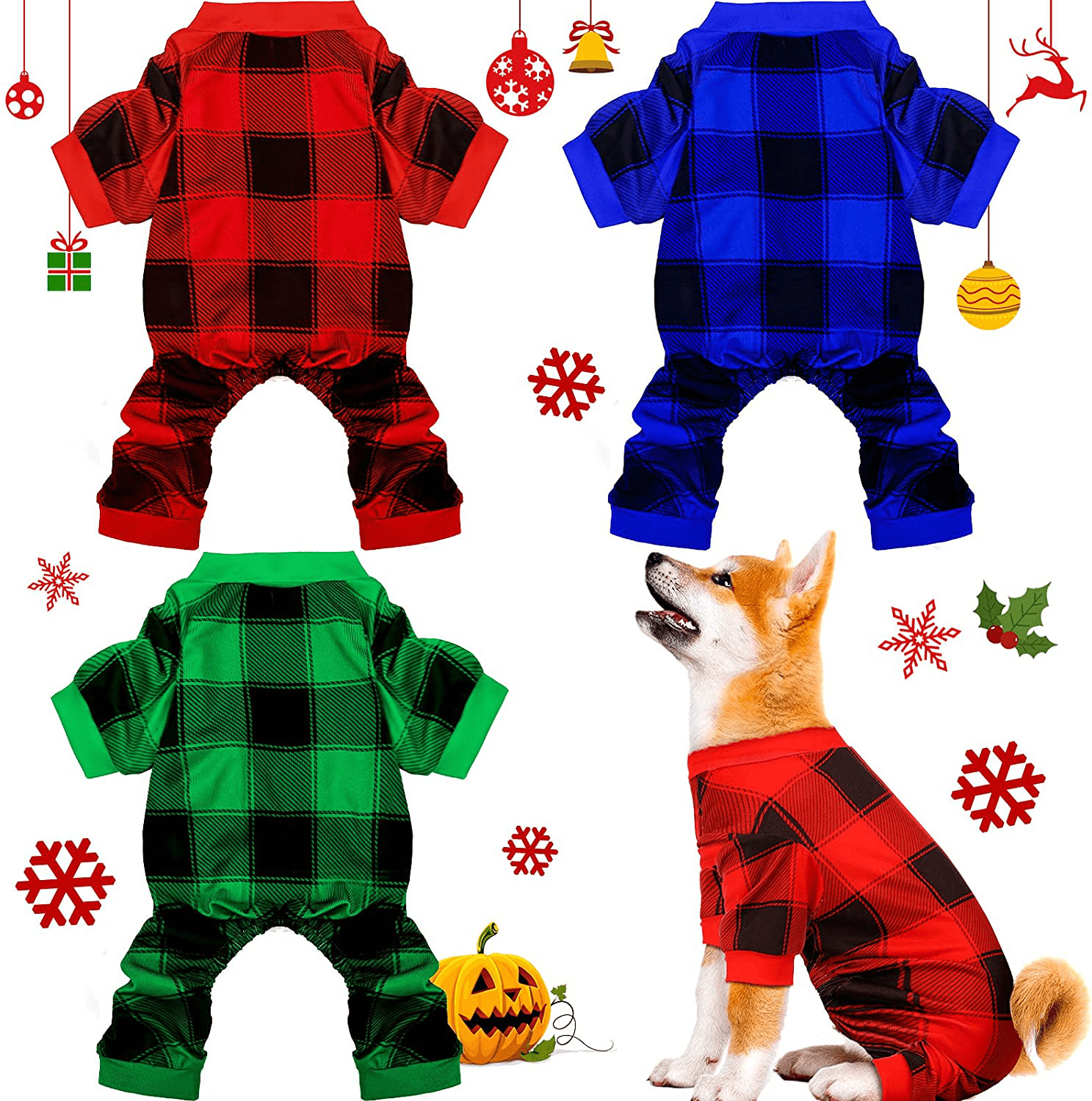 3 Pieces Dog Pajamas Pet Plaid Red Buffalo Check Jumpsuit Small Clothes Onesie Costume Apparel Puppy Pajamas for Pet Holiday Decorations Animals & Pet Supplies > Pet Supplies > Dog Supplies > Dog Apparel Frienda Large  