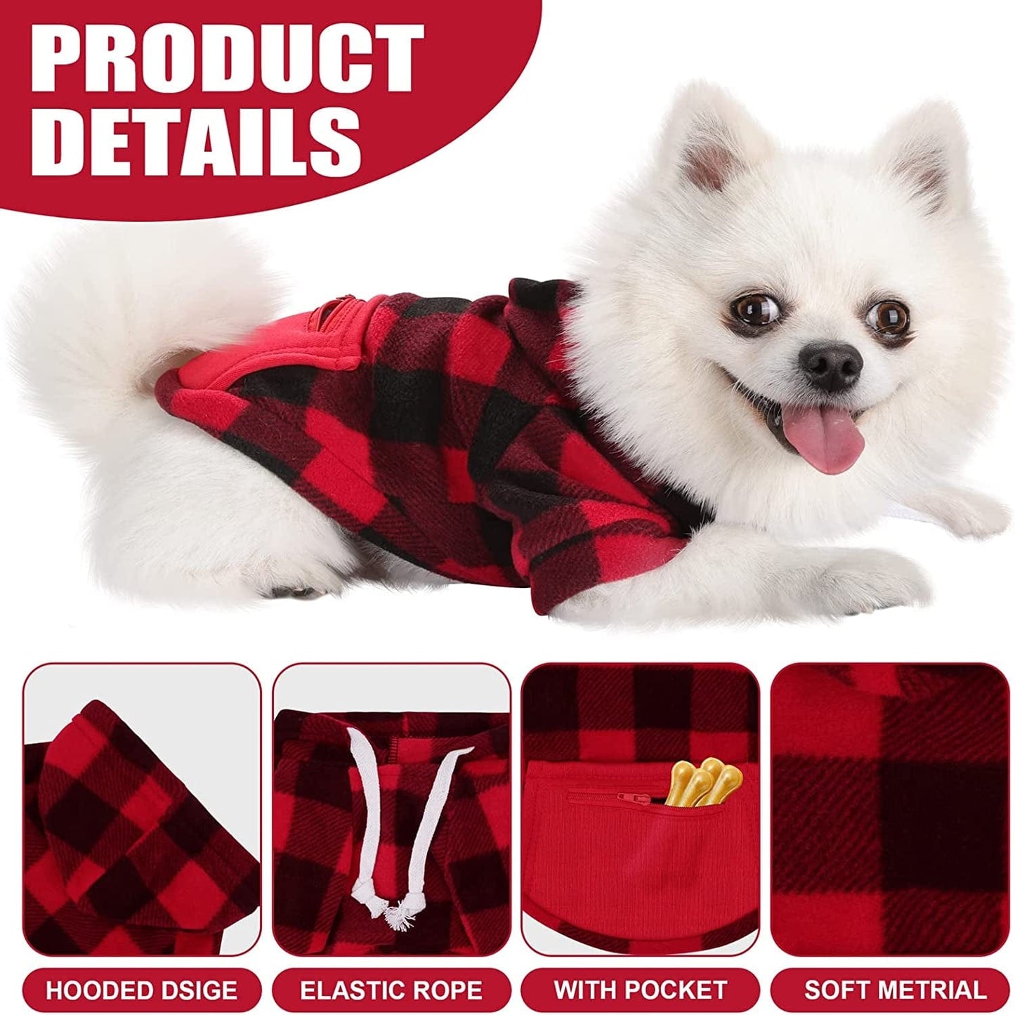 3 Pieces Plaid Dog Hoodie Pet Clothes Sweaters with Hat and Pocket Christmas Classic Plaid Small Medium Dogs Winter Clothing Warm Pet Fleece Hooded Coat Cold Weather Pet Clothes for Dogs and Cats Animals & Pet Supplies > Pet Supplies > Dog Supplies > Dog Apparel stablerice   