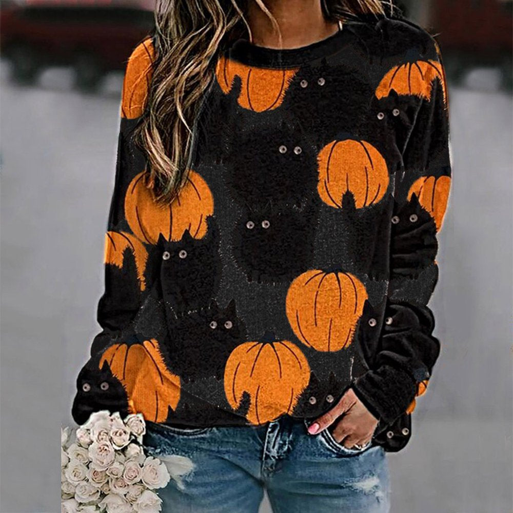 Follure Women Halloween Tops T-Shirt Black Cats Pumpkin Print Long Sleeve Crenwck Pullover Sweatshirt Animals & Pet Supplies > Pet Supplies > Cat Supplies > Cat Apparel Follure   