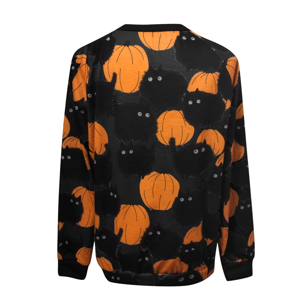 Follure Women Halloween Tops T-Shirt Black Cats Pumpkin Print Long Sleeve Crenwck Pullover Sweatshirt Animals & Pet Supplies > Pet Supplies > Cat Supplies > Cat Apparel Follure   