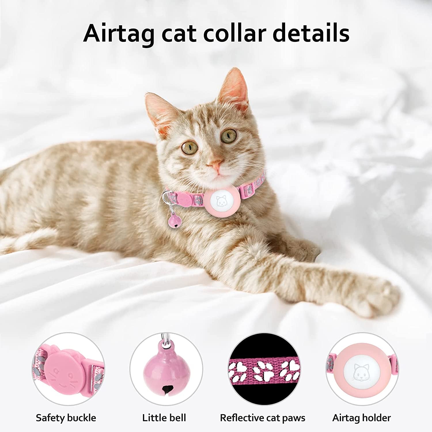 Airtag Cat Collar with Breakaway Bell, Reflective Paw Pattern Strap with Air Tag Case for Cat Kitten and Extra Small Dog (Pink)