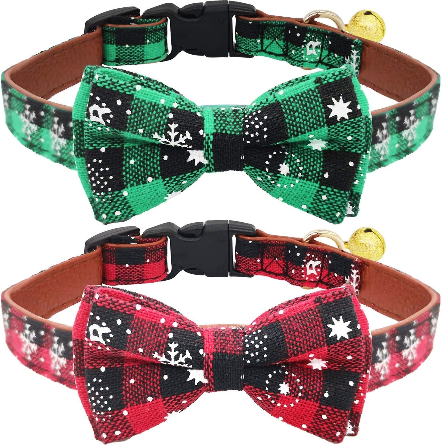 KUDES 2 Pack/Set Christmas Snowflake Dog Collars Breakaway with Bow Tie and Bells for Cat and Small/Medium/Large Pets, Red & Green M Animals & Pet Supplies > Pet Supplies > Dog Supplies > Dog Apparel Leegoo Red+Green 2 S(9.6''-13.8'') 