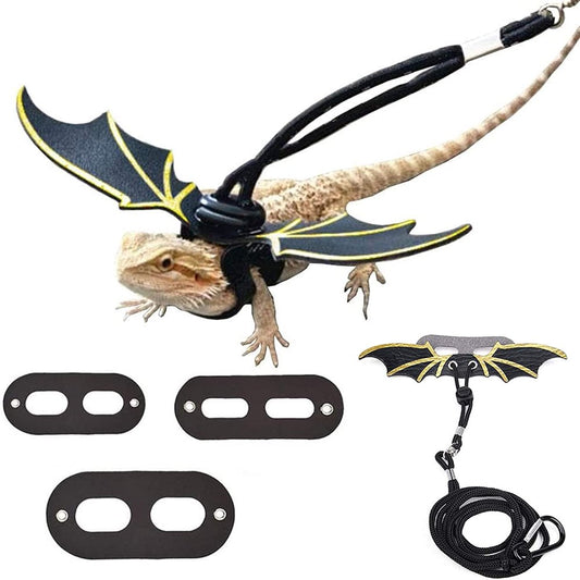 Genuine Leather Bearded Dragon Bat Wings with 3 Sizes Lizard Harness Metal Chain Leash with Fruit Charms for Amphibians Bearded Dragon Iguana Gecko Chameleon Reptiles