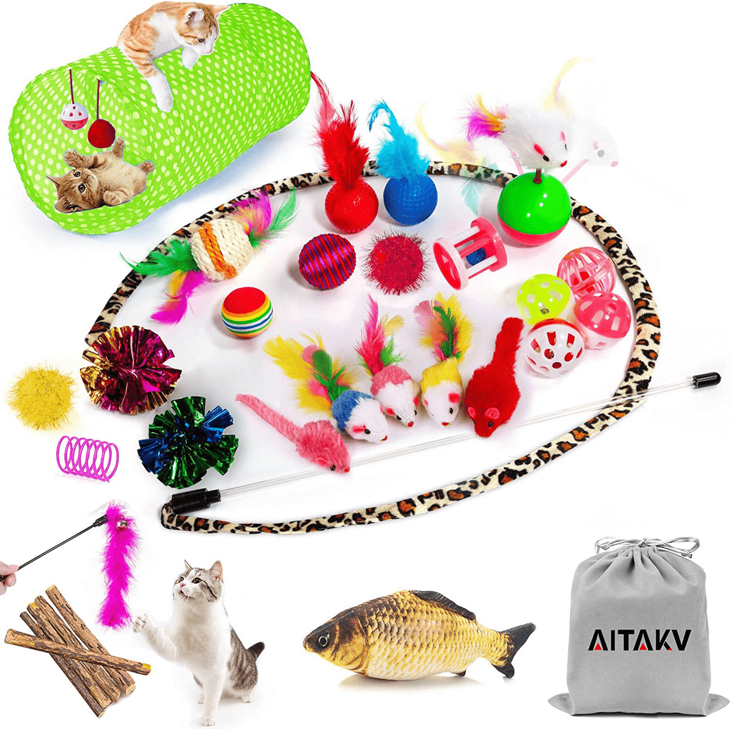 31 PCS Cat Toys Kitten Toys Assortments,Variety Catnip Toy Set Including 2 Way Tunnel,Cat Feather Teaser,Catnip Fish,Mice,Colorful Balls and Bells for Cat,Puppy,Kitty Animals & Pet Supplies > Pet Supplies > Cat Supplies > Cat Toys AILUKI Green  