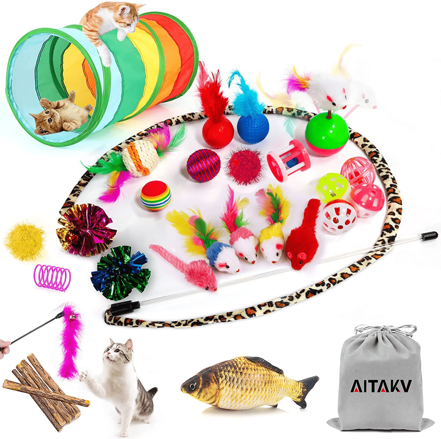31 PCS Cat Toys Kitten Toys Assortments,Variety Catnip Toy Set Including 2 Way Tunnel,Cat Feather Teaser,Catnip Fish,Mice,Colorful Balls and Bells for Cat,Puppy,Kitty Animals & Pet Supplies > Pet Supplies > Cat Supplies > Cat Toys AILUKI Rainbow  