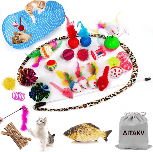 31 PCS Cat Toys Kitten Toys Assortments,Variety Catnip Toy Set Including 2 Way Tunnel,Cat Feather Teaser,Catnip Fish,Mice,Colorful Balls and Bells for Cat,Puppy,Kitty Animals & Pet Supplies > Pet Supplies > Cat Supplies > Cat Toys AILUKI   