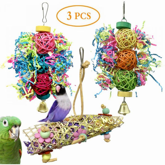 Prettyui 3 Pcs/Lot Bird Toy Set for Parrot Shredder Foraging Assorted Hanging Cage Chew Toys