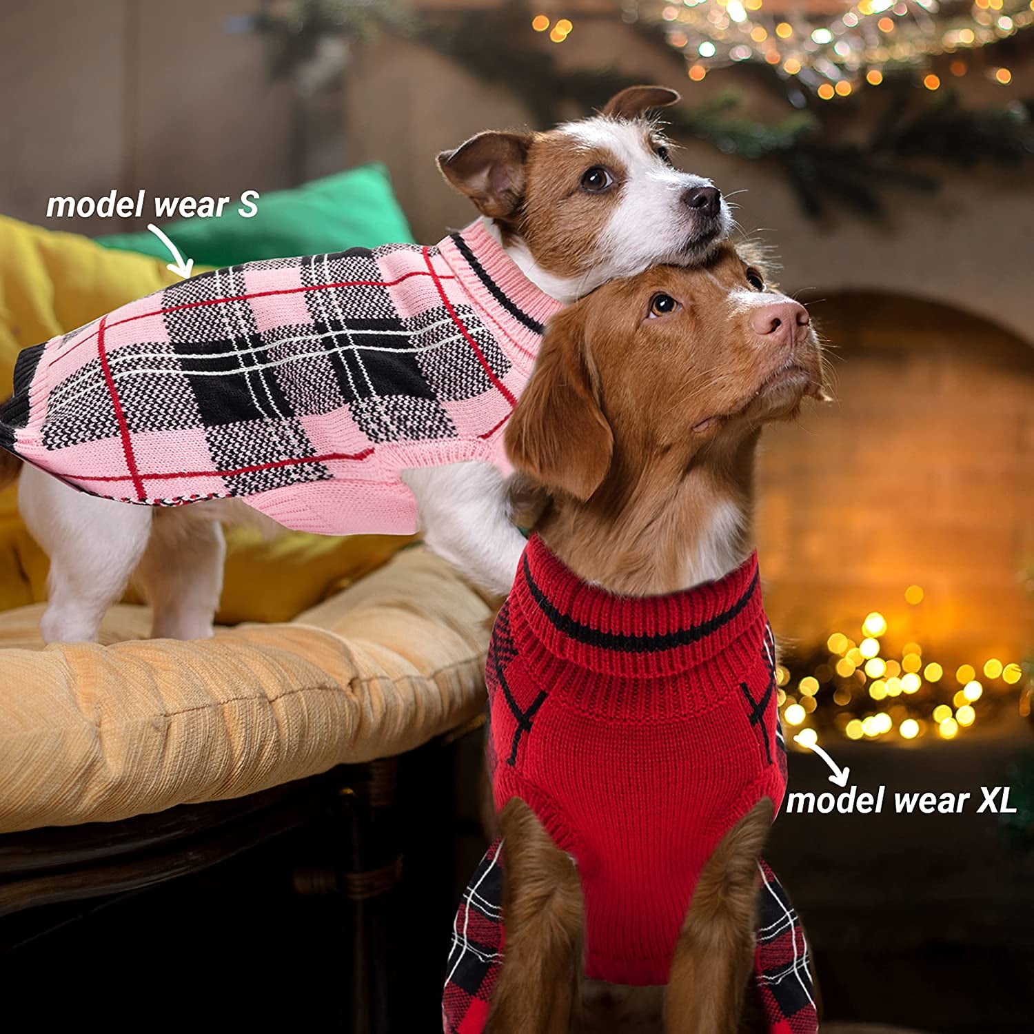 Dog Sweater for Small Medium Large Dog - Pink Plaid Christmas Winter Dog Sweater Vest for Cold Weather - Knitted Turtleneck Warm Pullover Dog Clothes with Leash Hole (S-XL) Animals & Pet Supplies > Pet Supplies > Dog Supplies > Dog Apparel MIMLOB   