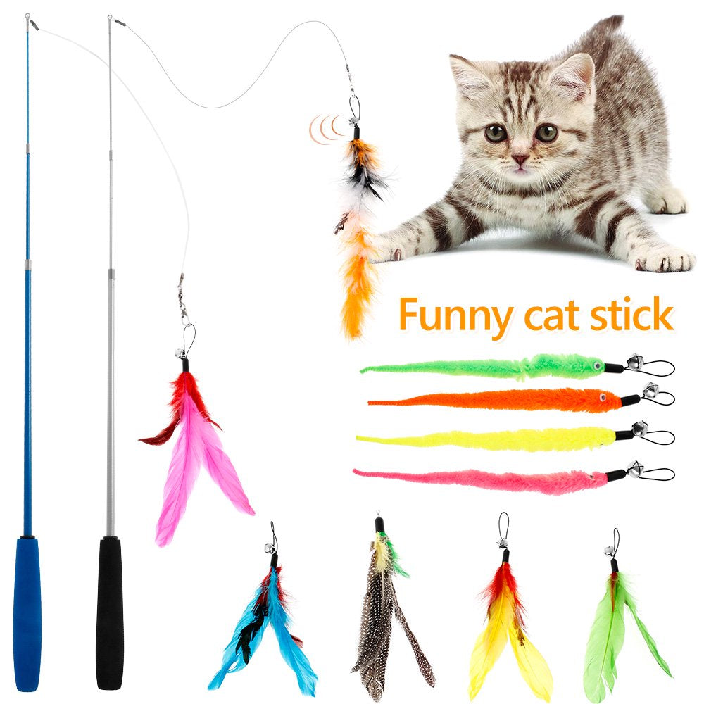 ODOMY Cat Toys Interactive Cat Feather Wand, Kitten Toys Retractable Cat Wand Toy 12Pcs Natural Feather Teaser Replacements Telescopic Cat Fishing Pole Toy for Indoor Kitty Old Cat Exercise Animals & Pet Supplies > Pet Supplies > Cat Supplies > Cat Toys ODOMY   