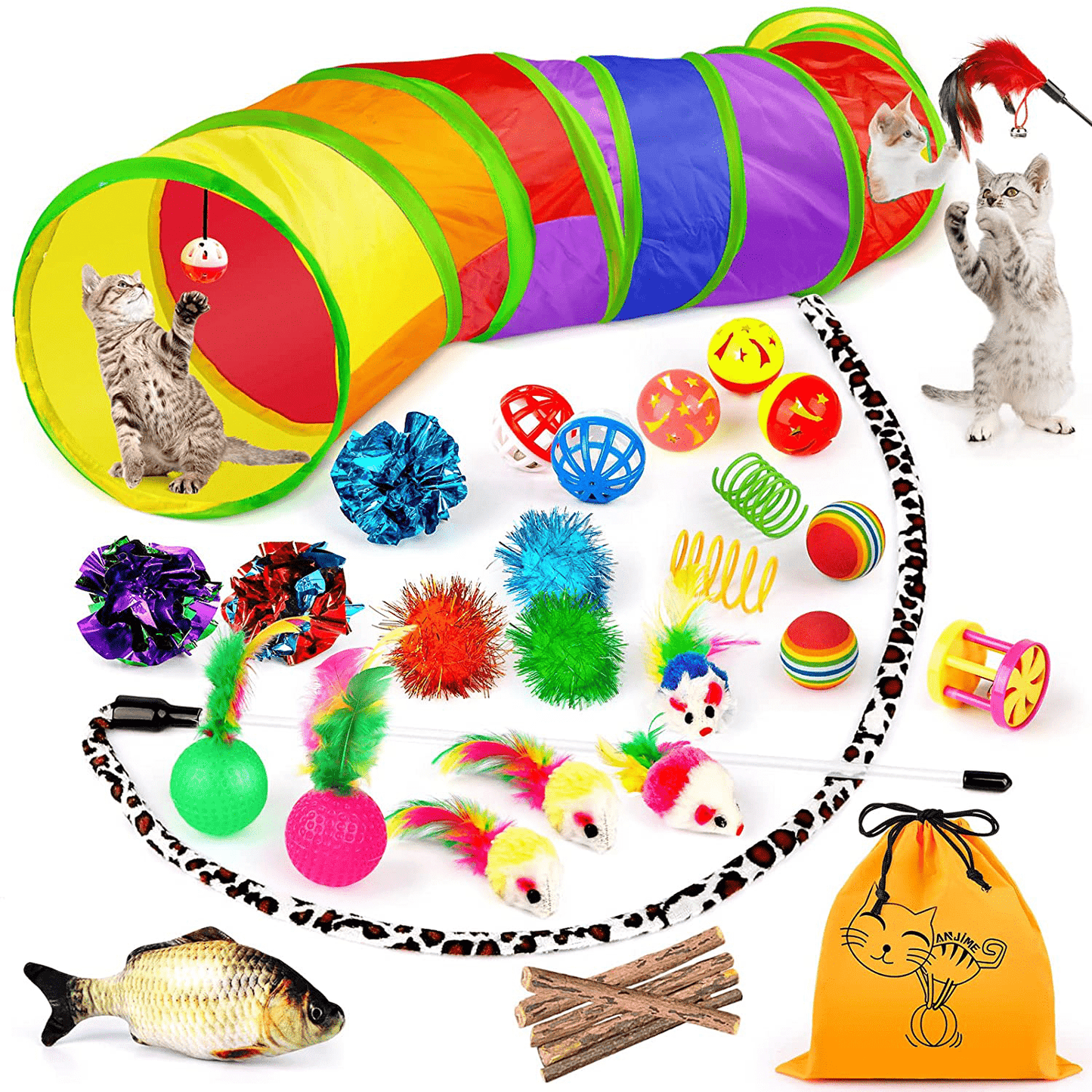 32 PCS Cat Toys Kitten Toys, Variety Catnip Toys with Rainbow Tunnel Interactive Cat Feather Teaser Fluffy Mouse Crinkle Balls Spring Toy Set for Cat, Kitty Animals & Pet Supplies > Pet Supplies > Cat Supplies > Cat Toys ANJIME   