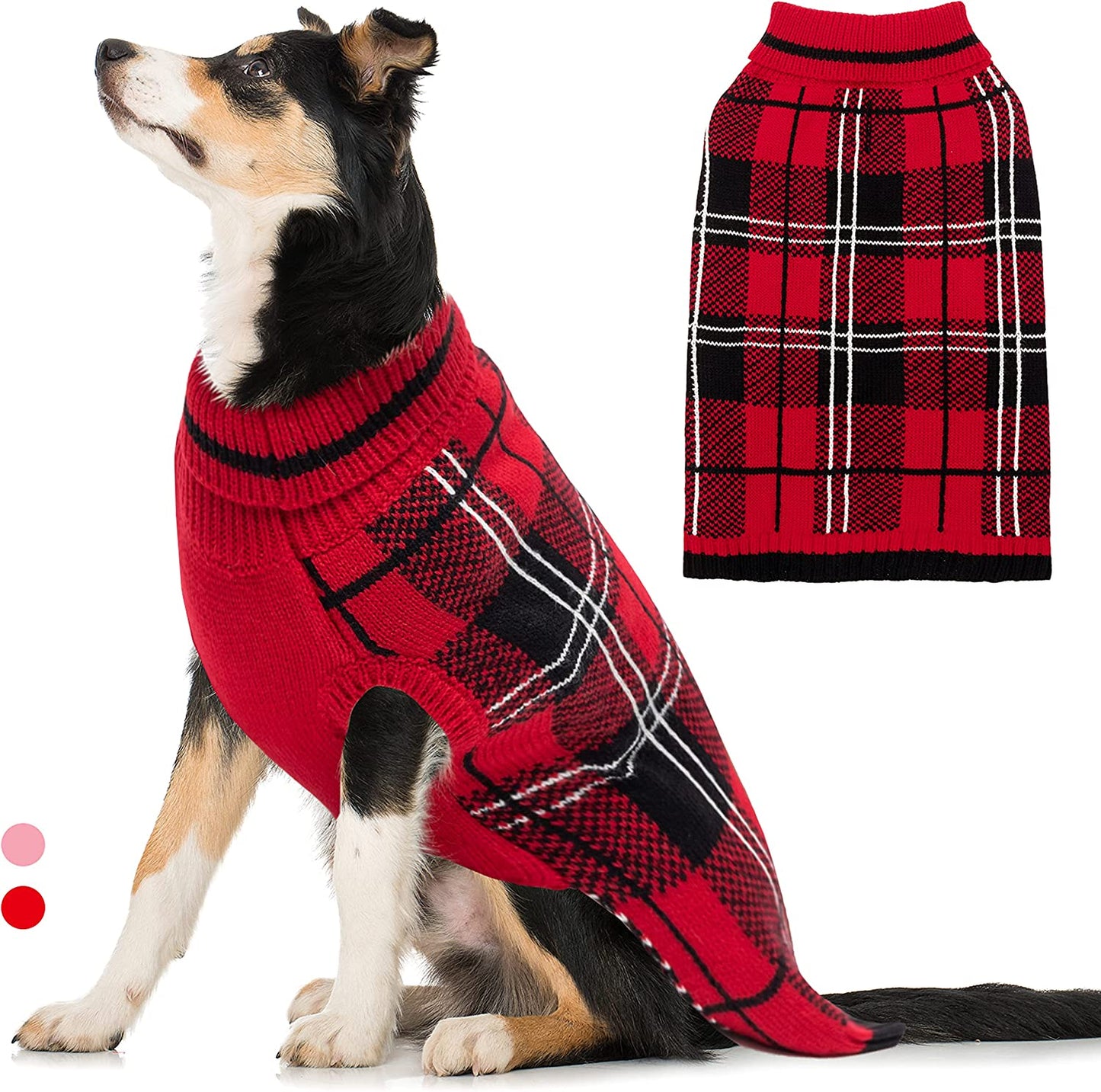 Dog Sweater for Small Medium Large Dog - Pink Plaid Christmas Winter Dog Sweater Vest for Cold Weather - Knitted Turtleneck Warm Pullover Dog Clothes with Leash Hole (S-XL) Animals & Pet Supplies > Pet Supplies > Dog Supplies > Dog Apparel MIMLOB Red M: neck 13"-15", chest 21"-24" 