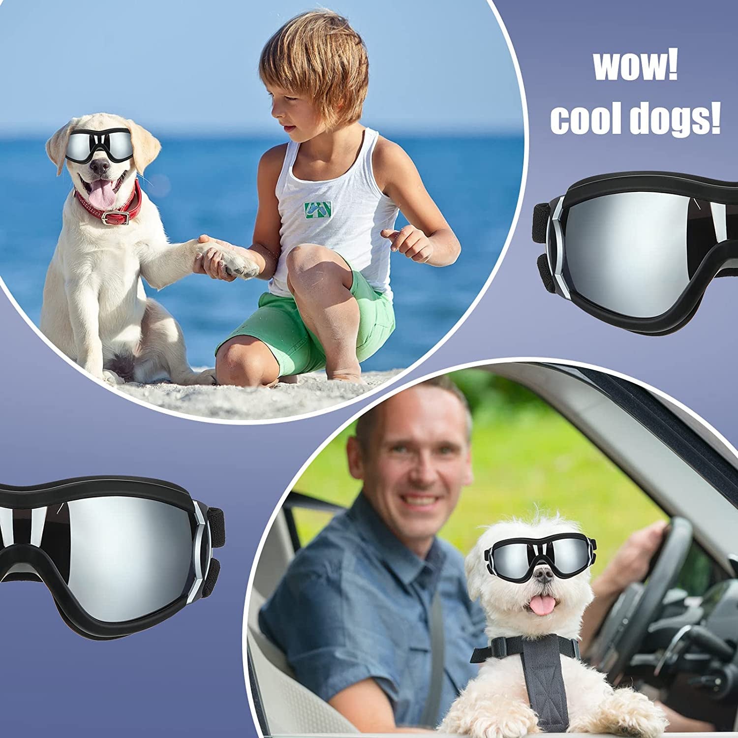 4 Pcs Dog Goggles Dog Sunglasses UV Protection Dog Glasses Windproof anti Fog Dust Dog Snow Goggles Pet Goggles with Adjustable Strap for Medium to Large Dogs Outdoor Travel Skiing, Black Animals & Pet Supplies > Pet Supplies > Dog Supplies > Dog Apparel Kingdder   